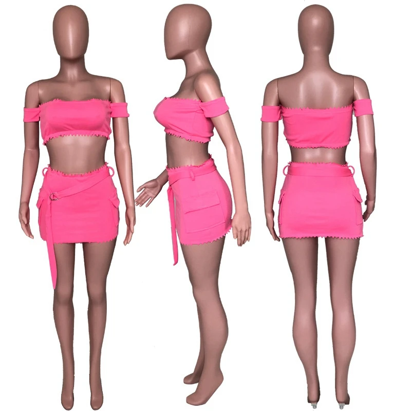 Sexet To Stykke Tøj til Kvinder Sommer Sæt 2020 Off Skulder Afgrøde Top og Mini Nederdel Sæt Club Fest Elegant Pink Matchende Sæt