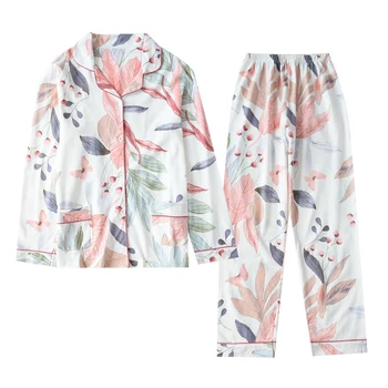 2020 Foråret Blade Trykt Kvinders Pyjamas Bomuld Plus Size To-delt Sæt Kort Fashion Langt Ærme Hjem Tøj Kvindelige Nattøj