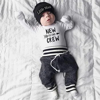 2021 kids tøj new style Nyfødte Baby Boy Tøj Brev Print Romper Toppe +Lange Bukser+Hat 3STK Tøj til baby roupa D4