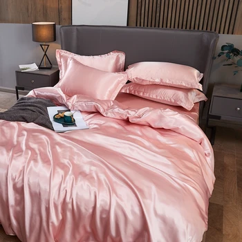 2021 Nye Satin Silke Ensfarvet Sengetøj Sæt Hjem Tekstil Dobbelt Queen, King Size Bed Sæt High-End Duvet Cover Sæt