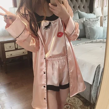 4 stykke Trykt eyelash Homewear kvinder sød pige Pyjamas Sæt Damer Silke Morgenkåbe Blonder japansk kimono Stor Størrelse Robe