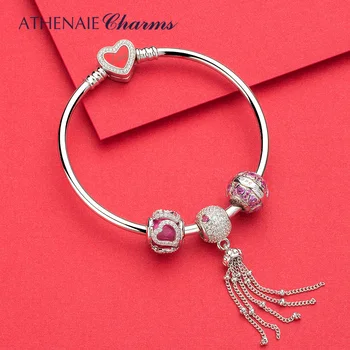 ATHENAIE 925 Sterling Sølv med Pink ZIRKONIA jeg Elsker Dig Hjerte Charms Til Oprindelige Armbånd Valentine ' s Day DIY Kvinder Perler Farve Pink