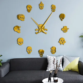 Døde Skelet Baghovedet Selvklæbende DIY 3D Gigantiske Wall Clock Forskellige Skull Hoveder Kvarts Akryl Spejl Mærkat Halloween Gave