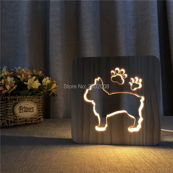 Fransk Bulldog-3D LED-træ-Nat 7 Farver USB-Hologrammet i en vinkel til Indretning i træ Lampe, Bord, Skrivebord,