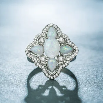 Hainon Flower Design Hvid/Blå Ild Opal Ring I Sølv Farve Bryllup Part Gave Damer Klar Sten Luksus Smykker Distribution