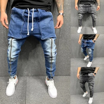Herre Tynde Pocket Jeans Slim Fit slidte Jeans Høj Stretch Jeans til Mænd Nødlidende Elastisk Talje og Lynlås Harem Bukser