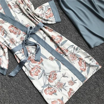 Kvinder Print Kimono Pyjamas Sæt Sexet Undertøj Elegant Nattøj Plus Size Pyjamas Foråret Efteråret 4 Stykker Satin Pijama Pijama Top
