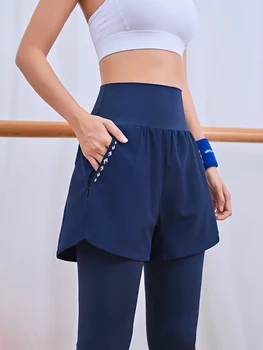 Lusure falske to-stykke leggings kvinder uddannelse åndbar balder stretch bukser yoga kører fitness sports bukser efteråret