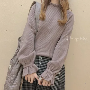 Pullovere Kvinder Koreansk Stil Massivt Træ Ører Japansk Stil Kawaii Flare Ærmet Dejlige Strikkede Sweater Slank Casual Mode Toppe