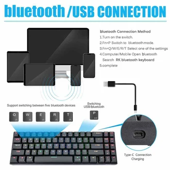 RK71 RGB Trådløse 70% Kompakt Mekanisk Tastatur,71 Taster Bluetooth Lille Transportabel Gaming Kontor Tastatur