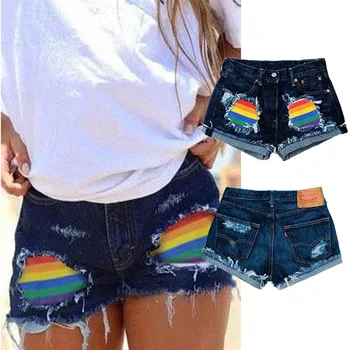 Sommeren Kvinde, Nyt Design, Mode, Denim Shorts Damer Rippet Rainbow Patchwork Kort Denim Jeans Bukser Hul Hot Shorts Til Kvinder