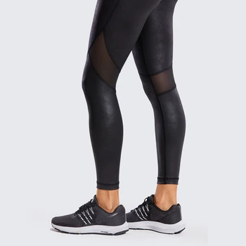 SYROKAN Kvinders Mat Coated Faux Læder Tekstur Legging Træning Mesh Stramme Bukser med Drawcord