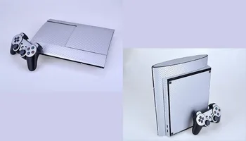 Sølv Carbon Fiber Vinyl Skin Sticker Protector til Sony PS3 Super Slim 4000 og 2 controller skind Klistermærker