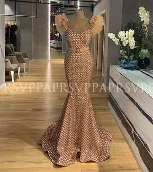 Virkelige Prøve Lange Aften Kjoler 2020 Glitter Havfrue V-hals Paillet arabisk Kvinder Dubai Part Guld Formelle Kjoler